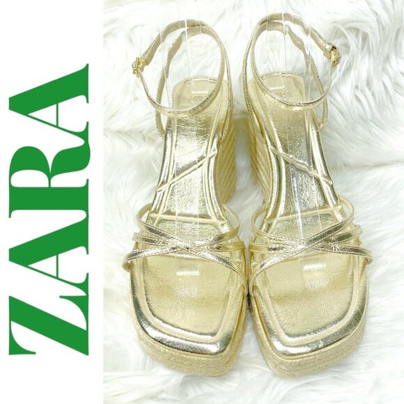 ZARA Gold Strappy Stacked Platform Wedge Open Toe Summer Sandal, Size 40 - Picture 5 of 11